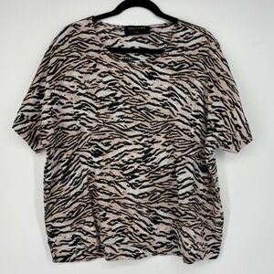 Decjuba Womens Medium Pullover Blouse Top 100% Linen Black Tan Zebra Animal